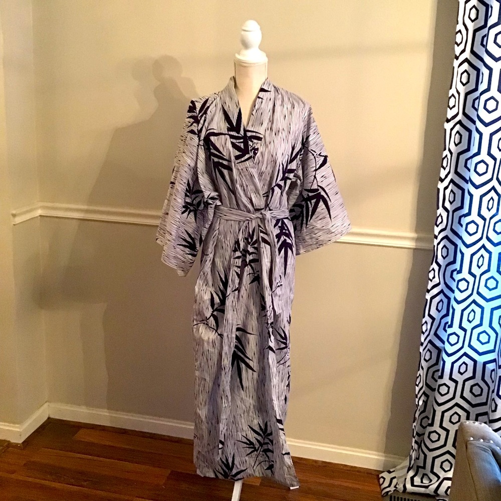 Navy Stripe Bamboo Leaves Kimono Wrap Robe w/ Belt